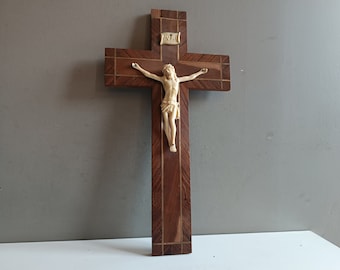 Antique French crucifix hand carved christ on precious wood mahogany cross 1900 / religious vintage wall decor