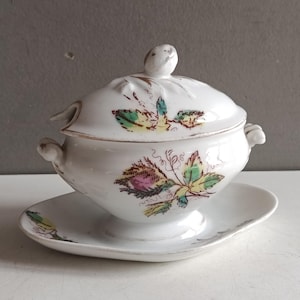 Peut inclure: Une soupière en porcelaine blanche avec un couvercle, des poignées et une soucoupe assortie. La soupière et la soucoupe sont décorées d'un motif floral avec des feuilles roses, vertes et jaunes. Le couvercle a une petite poignée en forme d'oiseau.