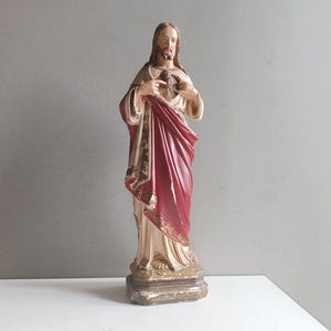 Antique French large chalkware statue Christ Jesus sacred heart / plaster chapel church altar religious sculpture figurine 19th nice patina