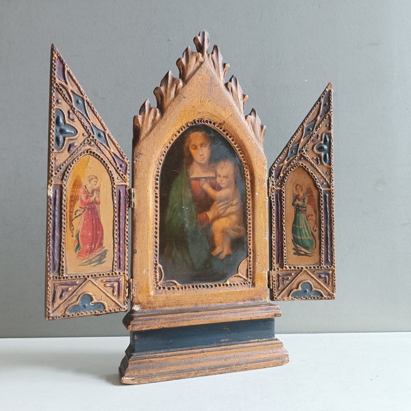 Ancien oratoire icone triptyque panneaux en bois stuc doré et peint image Vierge à l'enfant & anges/reliquaire Florentin dévotion religieuse