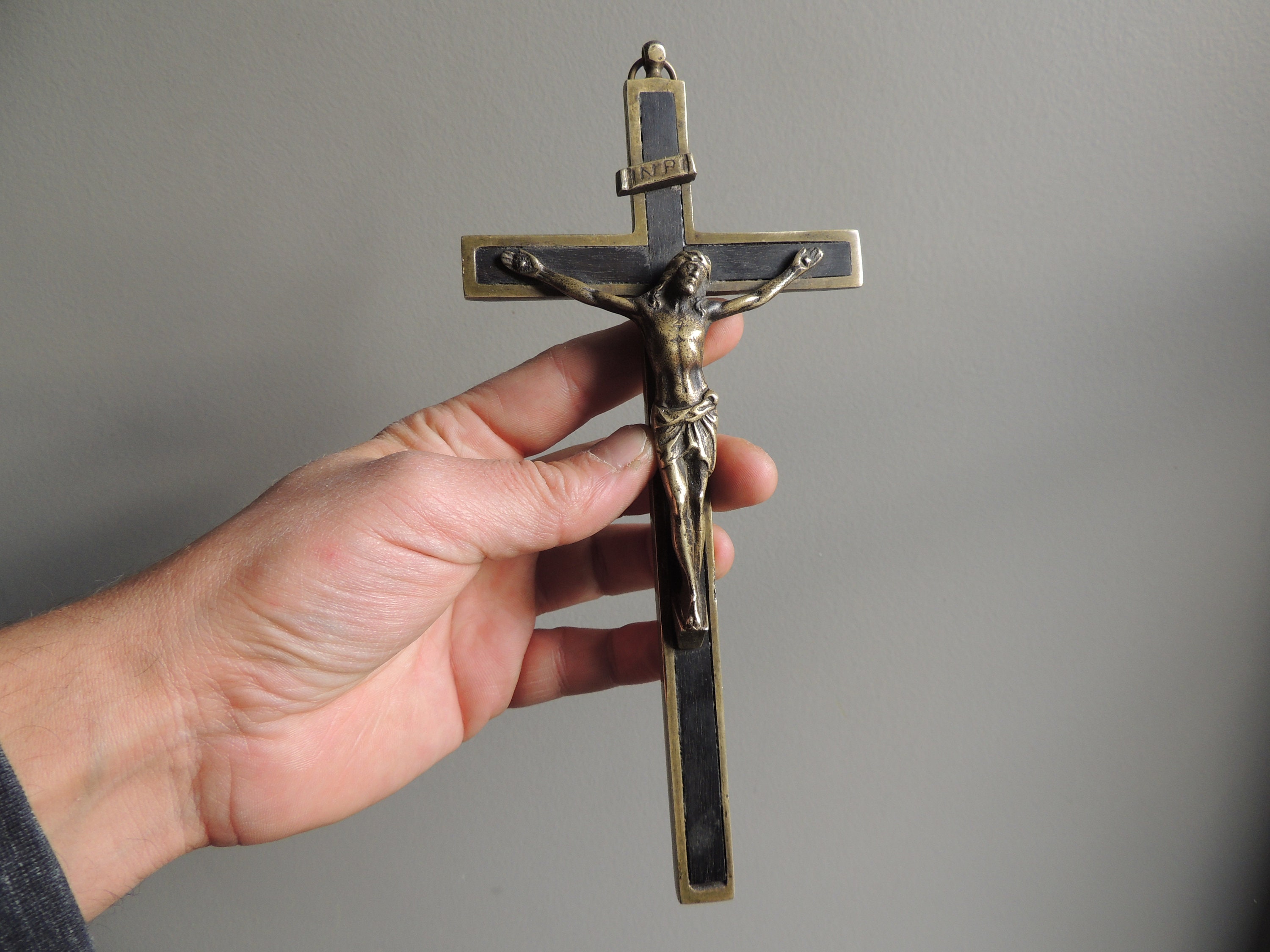 Ancien Christ Très Grande Croix Pectorale en Laiton Bronze et Bois Ébène/Crucifix Napoléon Iii