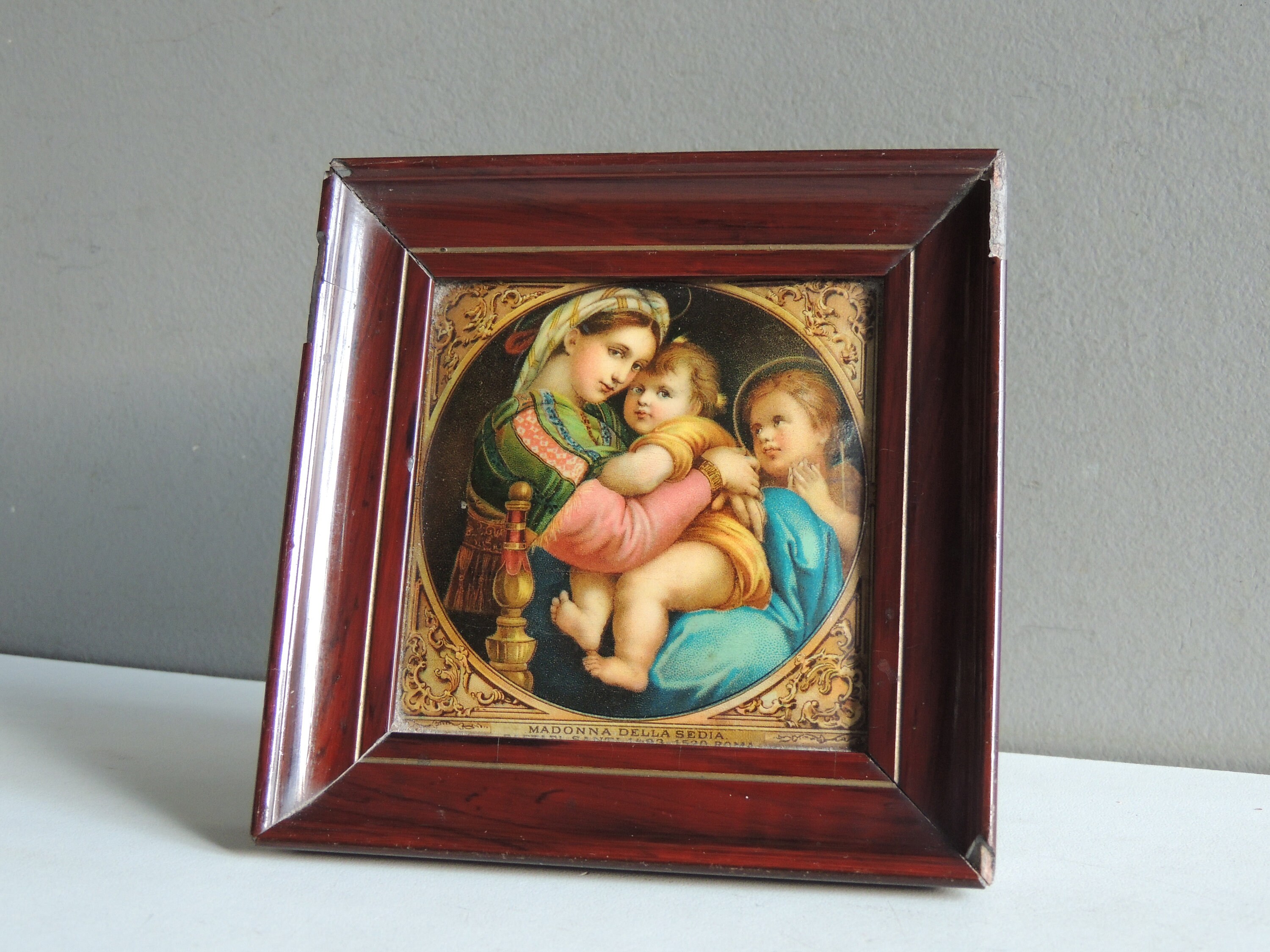 Cadre en Bois Oratoire Icone Italienne Image Vierge Marie Enfant Jesus/Lourdes Reliquaire Chapelle D