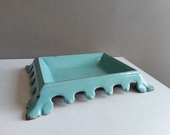 Antique french enamel cast iron spittoon blue / soap rack dish bathroom kitchen decor Vintage shabby chic