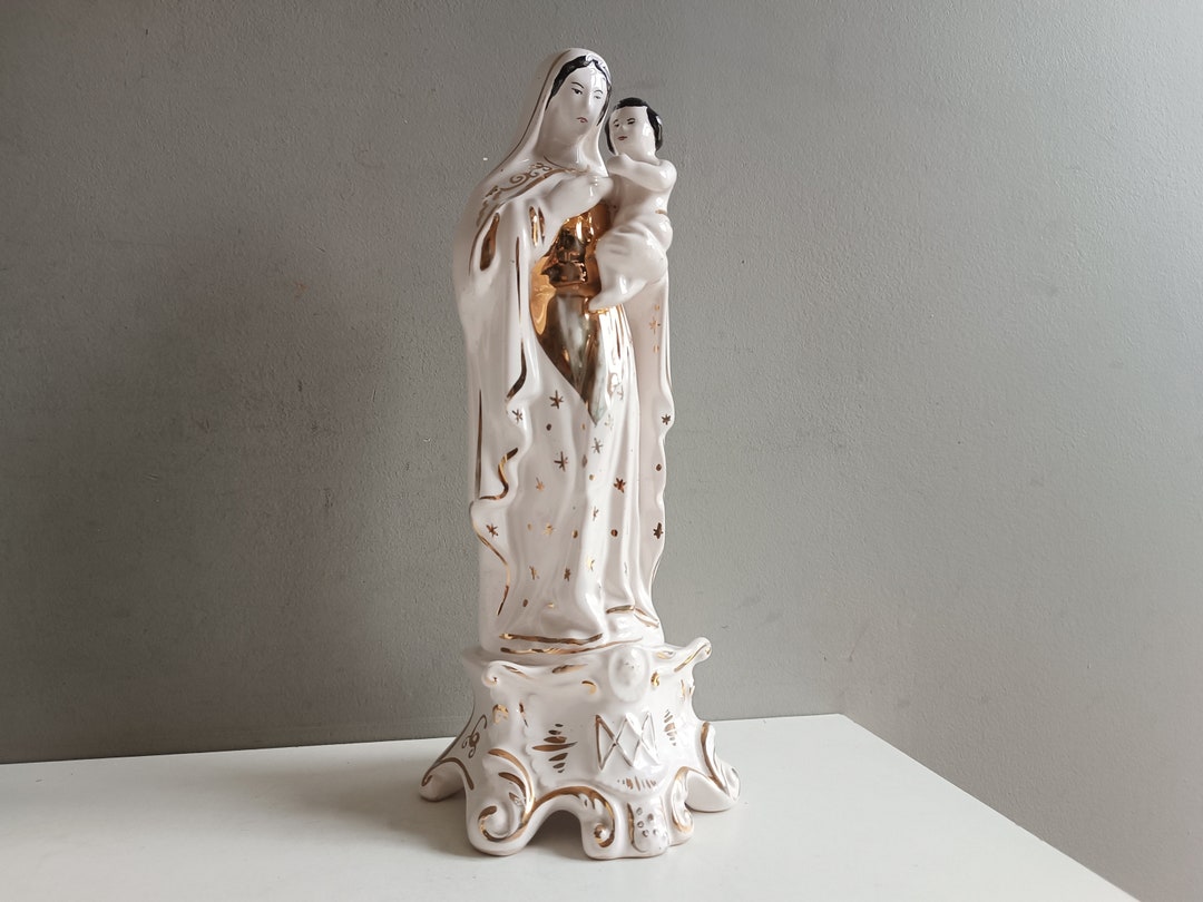 Vintage Virgin Mary Madonna Figurine With Child Jesus Enamel Ceramic ...