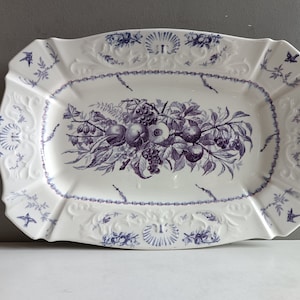 Antique French large white embossed ironstone dish Clairefontaine with purple flower birds swallow decor 19th/ earthenware shabby chic table