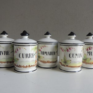 French antique set of 5 spices canisters containers pots thick porcelain Pillivuyt hand painted / ironstone box vintage shabby chic kitchen