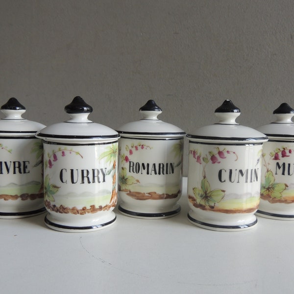 Charmante série de 5 pots à épices en porcelaine épaisse de Pillivuyt décor peint à la main / déco cuisine vintage shabby chic