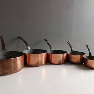 French set 5 tinned copper pans with riveted wrought iron handle 4.1kgs / vintage kitchen