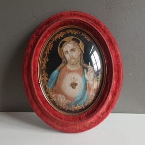 Icona reliquiario con cornice Sacro Cuore di Gesù Cristo sotto vetro convesso / ricamo cromo tessuto devozione religiosa XIX Napoleone III