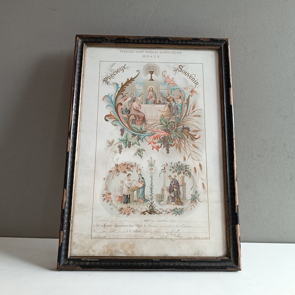 Cadre en bois avec chromo lithographie Précieux Souvenir de Baptême Communion 1900 / autel reliquaire ex voto image pieuse dévotion