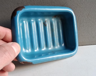 Jabonera de esmalte azul antigua original / decoración vintage para cocina, baño o inodoro