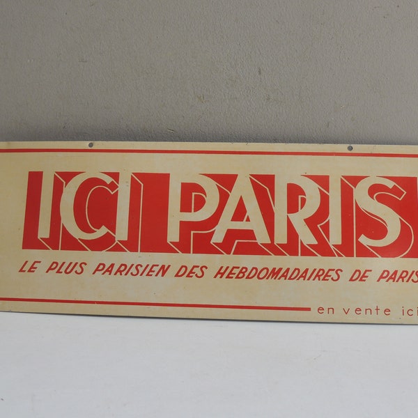 Antique French lithographed sheet metal " Ici Paris " plate press magazine / vintage decoration France loft