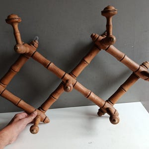 Antique French wood coat hanger expandable accordion with hat rack stand / vintage hook / bamboo design / shabby chic