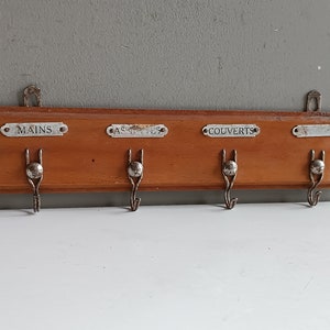 French antique wood tea towel holder hanger rack with hooks / deco vintage kitchen country bistro made in France