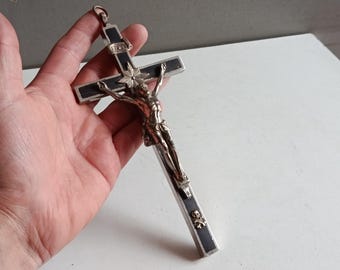 Antique French large XL pectoral pendant cross chaplain ebony wood silvered bronze-brass / skull & sacred heart/Christ crucifix Napoleon III