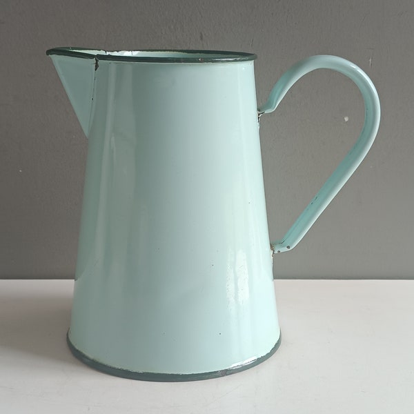French enamel water pitcher jug light green email / enameled toleware broc pot vintage garden or kitchen