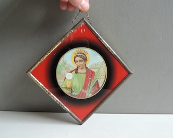 French antique religious Frame fixed under glass Holy Saint barbara icon 1900 / reliquary ex voto pious image