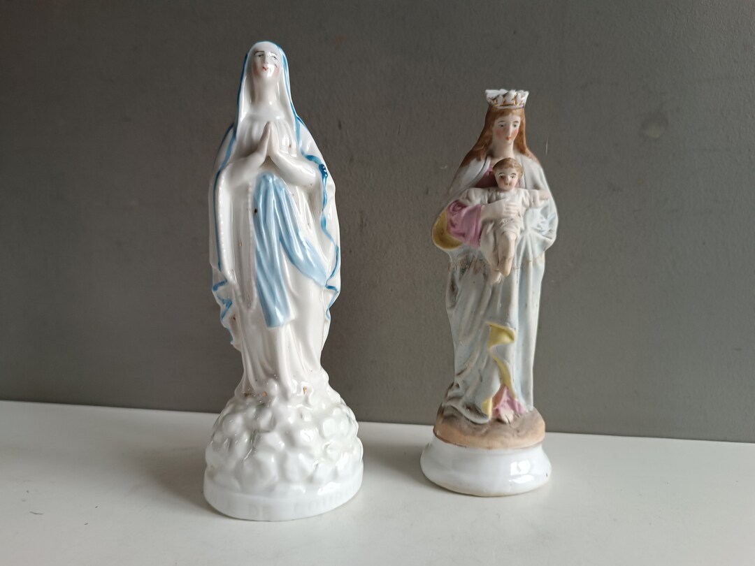 French Antique 2 Virgin Our Lady of Lourdes & Virgin With Child Jesus ...