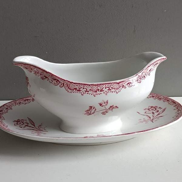 French antique ironstone Fontanges Sarreguemines sauceboat bowl flowers pink transferware decor / shabby chic table earthenware 1800s