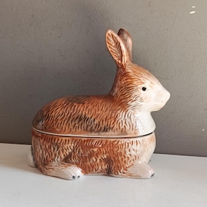 Könnte beinhalten: Ein keramischer, hasenförmiger Behälter mit Deckel. Der Hase ist hauptsächlich braun mit weißen und schwarzen Akzenten. Der Behälter ist so gestaltet, dass er wie ein sitzender Hase aussieht, mit aufgestellten Ohren und ruhendem Körper. Der Behälter dient wahrscheinlich zur Aufbewahrung oder Dekoration.
