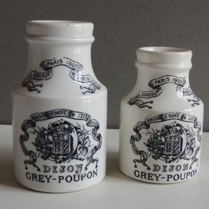 French antique set of 2 mustard pot Grey Poupon Dijon ironstone Digoin & Sarreguemines jar crocks / earthenware kitchen decor