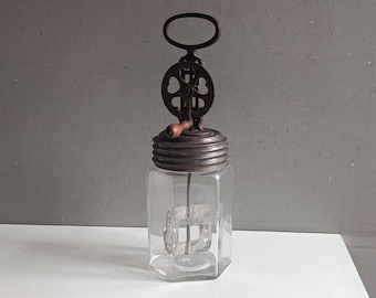 French antique butter churn whisk beater metal with its glass bowl jar /primitive mayonnaise egg mixer vintage/country farmhouse container