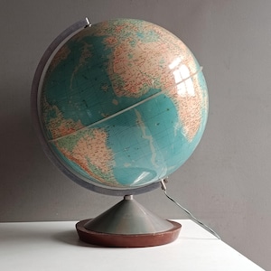Vintage large XL Earth world map light terrestrial globe 1960s-70s HERCULE with metal  wood foot & aluminoum dial / mid century lamp decor