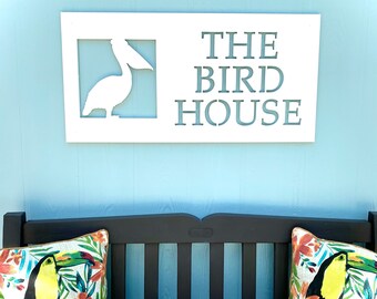 Custom Pelican Beach House Name Sign: Weatherproof Coastal Bird Decor