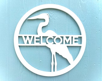 Weatherproof PVC Heron Front Door Hanger, Coastal Beach House Decor, Lake House Sign, River Life Home Decor, Blue Heron Welcome Sign