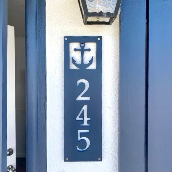 Vertical Anchor Address Sign, Coastal Beach House Address Plaque, Outdoor PVC Weatherproof House Numbers, Nautical Exterior Home Decor