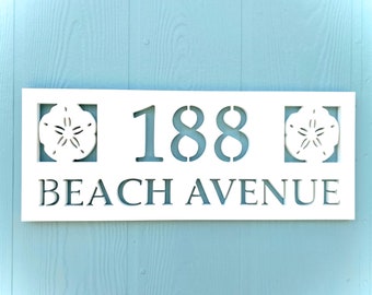 Full Street Address Plate with Sand Dollar, Coastal Beach House Address Plaque, Outdoor PVC Weatherproof House Numbers, Address Numbers Sign