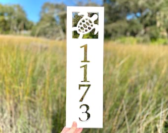Sea Turtle Address Sign: Weatherproof Vertical Coastal House Numbers