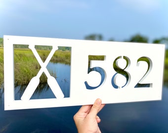 Horizontal Canoe Oar Address Sign for House, Crossed Paddles Lake House Home Decor, River Home Address, Outdoor Weatherproof House Numbers