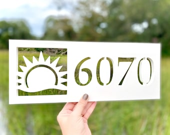 Horizontal Sun Address Sign, Coastal Beach House Exterior Decor, Outdoor PVC Weatherproof House Numbers, Sunshine Decor, Housewarming Gift