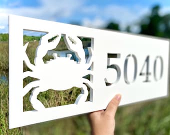 Custom Horizontal Crab Address Sign: Coastal House Number Plaque for Beach House Décor