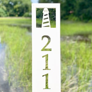 Vertical Lighthouse Address Sign, Coastal Beach House Address Plaque, Outdoor Weatherproof House Numbers, Exterior Nautical Home Decor
