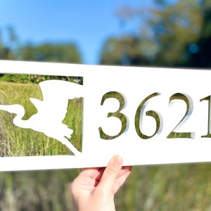 Weatherproof Heron Address Sign, Horizontal Egret House Numbers, Coastal Home Address Plate, Outdoor Beach House Bird Art, Housewarming Gift