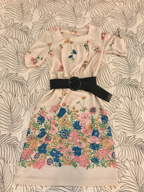 Vintage Floral 1960s Ruched Tie-Sleeve Printed Dre