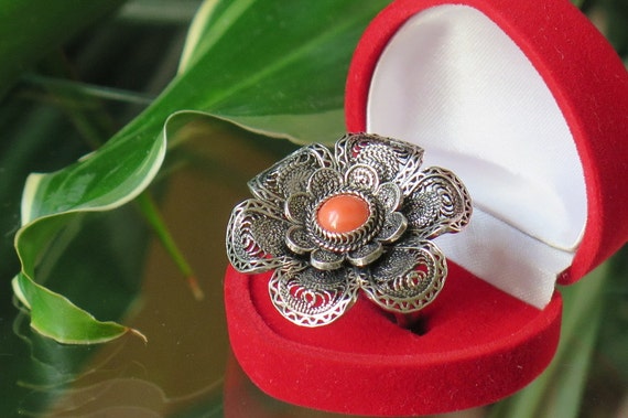 Red Coral Ring Silver Ring Adriatic Coral Jewelry Croatian Jewelry Filigree Ring Etsy