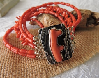Red Coral Bracelet, Sterling Silver Bracelet, Adriatic Coral Bracelet, Massive Bracelet