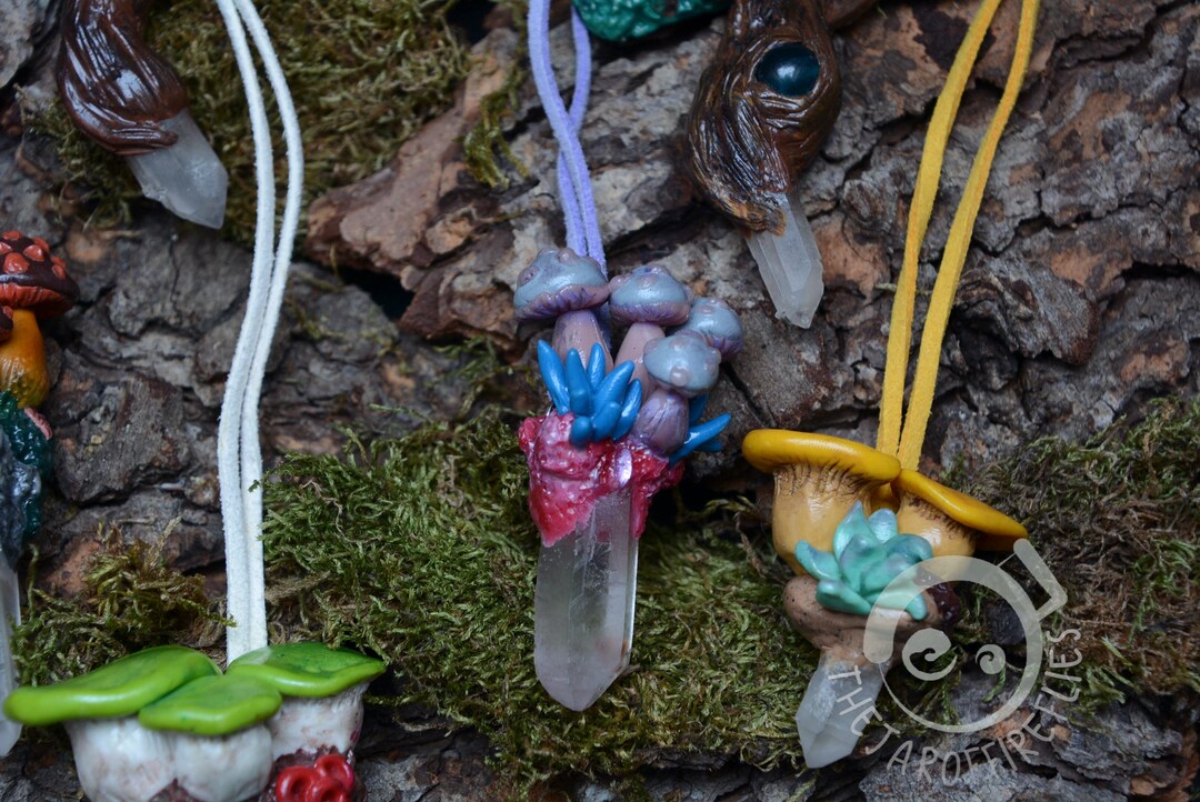 Polymer Clay Necklace Pendant With Mushroom and Crystals With Leather