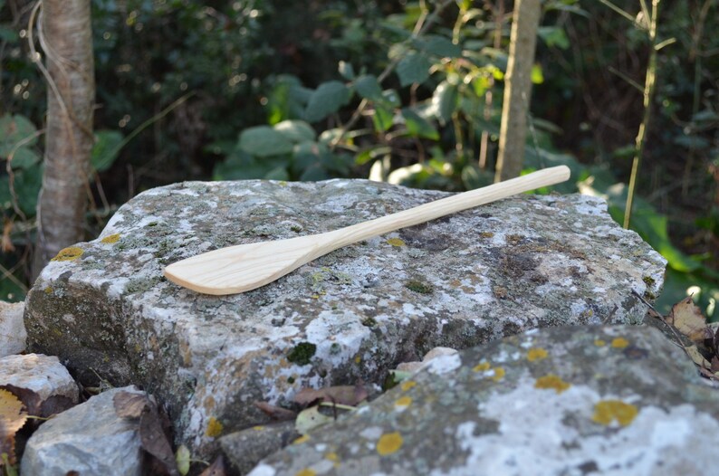May include: A wooden spoon with a long handle, lying on a gray rock with green moss. The spoon is made of light wood and has a rounded shape.