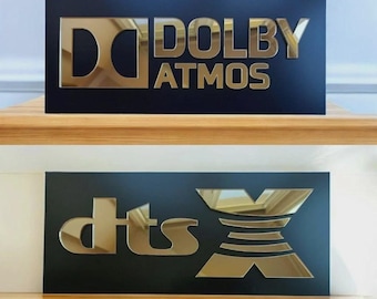 Dolby Atmos & DTS X Wall Signs (2pcs) Gold Mirror Acrylic Home Theater Plaque for Movie Room and Media Room Premium Cinema Room Decor