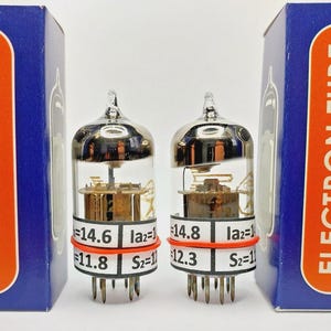 Puede incluir: Dos tubos de electrones vintage con tapas plateadas y componentes internos, junto a dos cajas azules con las palabras "ELECTRON TUBE" en blanco sobre un fondo naranja. Cada tubo tiene una etiqueta con números.
