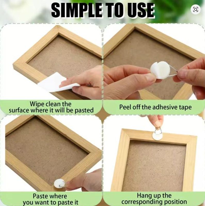 May include: A step-by-step guide with the text "SIMPLE TO USE" showing how to hang a picture frame. The instructions include cleaning the surface, peeling off adhesive tape, pasting, and hanging the frame.