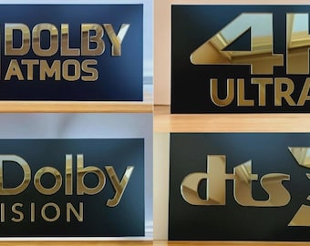 Dolby Atmos, Dolby Vision, DTS X, 4K Ultra HD Wall Signs (4pcs) Gold Mirror Acrylic Home Theater Plaque for Movie Media Cinema Room Decor