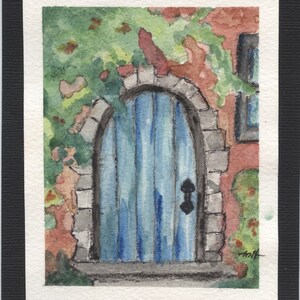 Handgemaakte De oude deur aquarel wenskaart (niet een print)