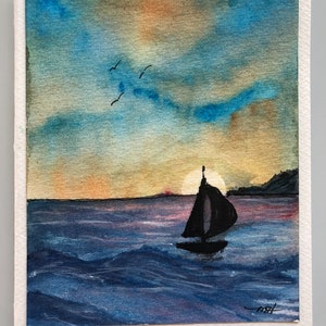 Handgemaakte Sunset Sailing Aquarel Wenskaart (geen print)