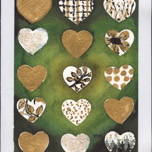 Coeurs faits main avec la carte de voeux d’aquarelle verte et or (pas une impression)