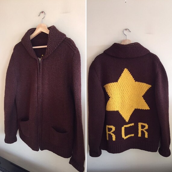 Vintage Hand Knit Shawl Collar Zip Up Wool Sweater